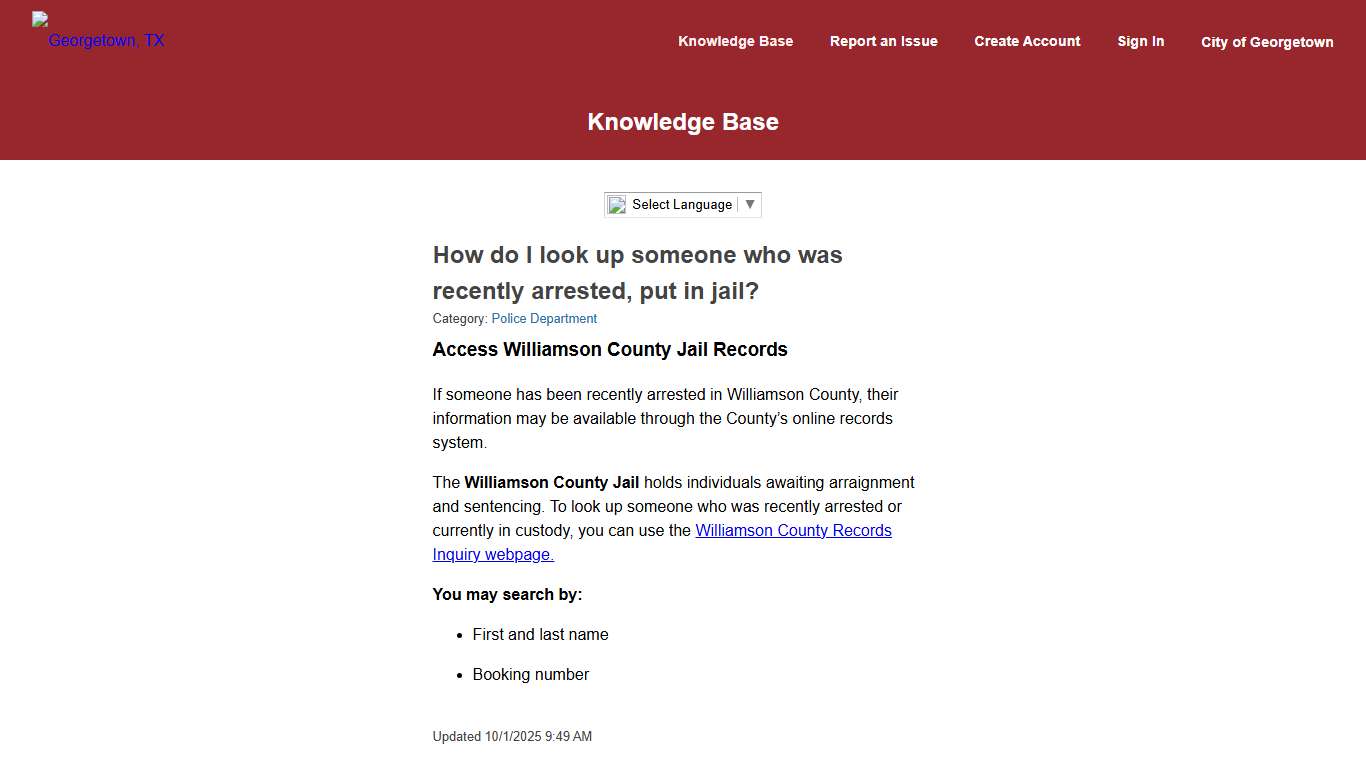 How do I look up someone who was recently arrested, put in jail? - Georgetown, TX